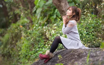 Woman Asian Sits Thoughtfully Black/Dark Wallpaper 4K 1920x1200 A, Woman, With, Asian, Features, Sits, Thoughtfully, On, Rock, Lush, Green, Forest, White, Gray, Ultrawide, Full HD