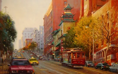 Artistic Painting San Francisco World Wallpaper 4K 1920x1200 Artistic, Painting, Of, A, San, Francisco, City, Street, Fall, Featuring, Tram, Cars, White, Ultrawide, Full HD