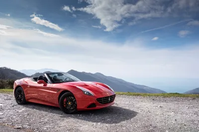 Red California Grand Tourer Gravel Nature Wallpaper 4K 4096x2731 A, Red, Ferrari, California, T, Grand, Tourer, Parked, Gravel, Surface, Mountains, Cloudy, White, Landscape, 4k