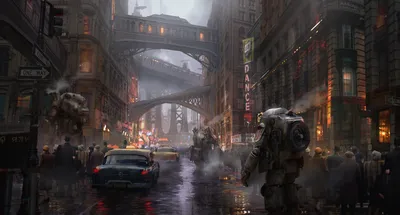 Misty Dieselpunk Wallpaper World Wallpaper 4K 1920x1031 A, Dieselpunk, Sci-fi, City, Street, At, Night, With, Towering, Buildings, Crowd, Vintage, White, Gray, Ultrawide, Full HD
