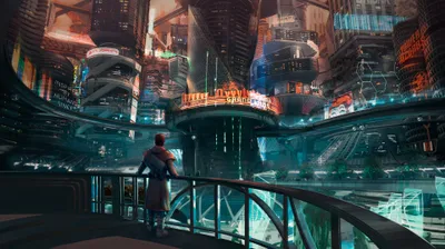 Sci City Lone Figure Overlooks Cars Wallpaper 4K 3840x2159 Sci, Fi, City, Lone, Figure, Overlooks, A, Neon, Multi-level, Metropolis, Hovering, Brown, Gray, Ultrawide, 4k