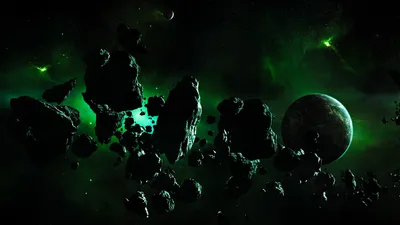 Asteroid Field Space Illuminated Green Space Wallpaper 4K 1918x1078 Hues, Ultrawide