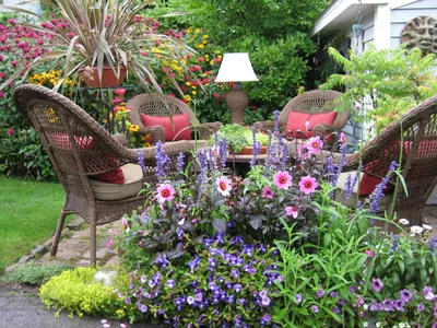 Garden Wicker Furniture Nature Wallpaper 4K 3264x2448 Hd, Desktop, Wallpaper:, Of, A, Garden, With, Wicker, Furniture, Lamp, Vibrant, Flowers, White, Gray, Landscape, QHD