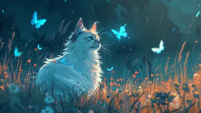 Pixel Art Serene Cat Animals Wallpaper 4K 2912x1632 Pixel, Art, Image, Featuring, A, Serene, Cat, With, Butterflies, Vibrant, Dreamy, Landscape, Brown, Gray, Ultrawide, QHD