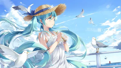 Anime Hatsune Miku Aqua Nature Wallpaper 4K 2039x1147 Anime-style, Hd, Wallpaper, Featuring, Hatsune, Miku, With, Aqua, Hair, Eyes, Wearing, Straw, White, Ultrawide, Full HD