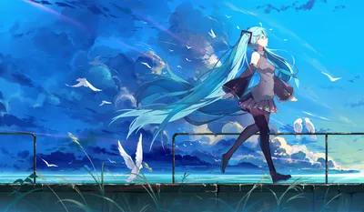 Hatsune Miku Vocaloid Character Nature Wallpaper 4K 3000x1750 Hatsune, Miku, A, (vocaloid), Character, Walks, Along, Pier, Stunning, Anime, Landscape, Vibrant, Red, Pink, Ultrawide, QHD
