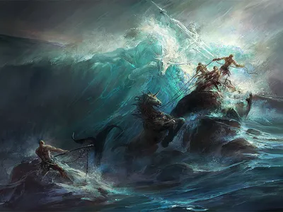 Dramatic Fantasy Depicting Battle Fantasy Wallpaper 4K 1600x1200 A, Dramatic, Fantasy, Scene, Depicting, Battle, Among, *gods, Powerful, Waves, Crashing, Around, Gray, Landscape