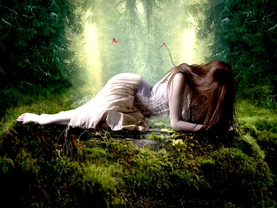 Vibrant Fantasy Wallpaper Fantasy Wallpaper 4K 1600x1200 A, Fantasy-themed, Hd, Wallpaper, Featuring, Woman, In, Flowing, Dress, Reclining, Moss-covered, Ground, White, Gray, Landscape