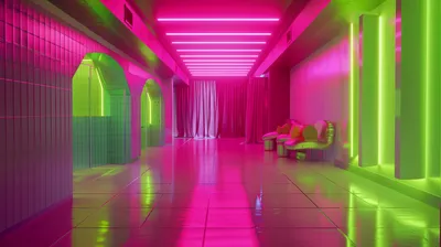 Serene Vibrant Wallpaper Abstract Wallpaper 4K 2912x1632 A, Vibrant, Interior, Room, Featuring, Neon, Aesthetic, Pink, Green, Lights, Illuminating, Sleek, Ultrawide, QHD