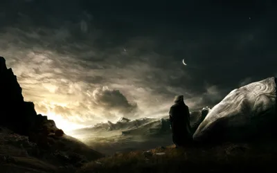 Fantasy Warrior Stands Breathtaking Landscape Nature Wallpaper 4K 1920x1200 A, Fantasy, Warrior, Stands, Against, Breathtaking, Landscape, Under, Dramatic, Sky, Capturing, Essence, White, Gray, Ultrawide, Full HD