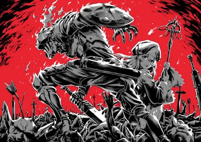 Priestess Goblin Slayer Abstract Wallpaper 4K 2039x1447 Hd, Wallpaper, Featuring, Priestess, From, Goblin, Slayer:, Depicted, Dramatic, Battle, Scene, Against, Red, Gray, Landscape, Full HD