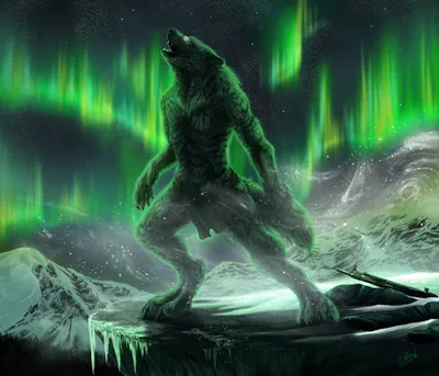 Dark Werewolf Creature Black/Dark Wallpaper 4K 4500x3857 A, Dark, Werewolf, Creature, Stands, On, Snowy, Mountain, Under, Vibrant, Green, Aurora, Gray, Brown, Square, 4k