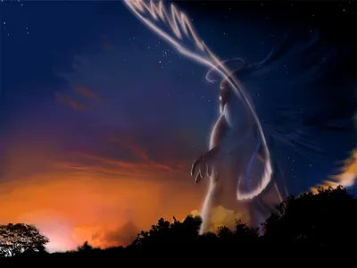 Calm Fantasy Wallpaper Fantasy Wallpaper 4K 1600x1200 Hd, Fantasy, Wallpaper:, Depicting, A, Towering, Angelic, Figure, Glowing, Wings, Against, Vibrant, Orange, Brown, Landscape