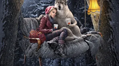 Golden Fantasy Wallpaper Nature Wallpaper 4K 1920x1080 A, Fantasy, Scene, Featuring, Woman, In, Red, Riding, Hood, Sitting, Wolf, Cozy, Gray, Ultrawide, Full HD