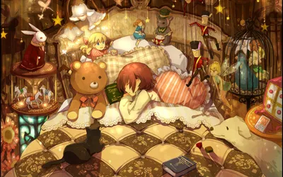 Anime Fantasy Cozy Bed Fantasy Wallpaper 4K 1920x1200 Hd, Anime, Fantasy, Wallpaper:, Featuring, A, Cozy, Bed, Scene, Sleeping, Child, Teddy, Orange, Purple, Ultrawide, Full HD