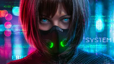 Sci Woman Glowing Technology Wallpaper 4K 4320x2430 Sci-fi, Woman, With, Glowing, Blue, Eyes, And, A, Green-led, Respirator, Mask, Against, Brown, Red, Gray, Ultrawide, 4k