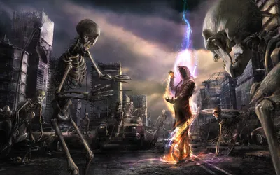 Dark Dark Wallpaper Fantasy Wallpaper 4K 1920x1200 A, Dark, Fantasy, Scene, Featuring, Wizard, Casting, Magic, Amidst, Desolate, City, Surrounded, White, Gray, Ultrawide, Full HD
