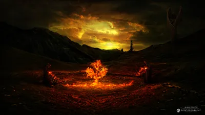 Dark Evocative Landscape Fiery Altar Nature Wallpaper 4K 2560x1440 A, Dark, Evocative, Landscape, Featuring, Fiery, Altar, Surrounded, Ominous, Stones, Set, Against, Brown, Orange, Ultrawide, QHD