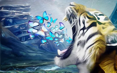 Artistic Painting Roaring Tiger Releasing Animals Wallpaper 4K 1920x1200 Artistic, Painting, Of, A, Roaring, Tiger, Releasing, Vibrant, Blue, Butterflies, Designed, Desktop, White, Ultrawide, Full HD