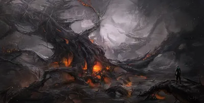 Moody Dark Wallpaper Black/Dark Wallpaper 4K 1920x968 A, Dark, Landscape, Featuring, Twisted, Tree, With, Glowing, Orange, Elements, Amidst, Shadowy, Gray, Ultrawide, Full HD