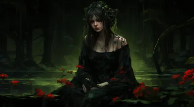 Golden Dark Wallpaper Black/Dark Wallpaper 4K 2944x1632 Dark, Ai, Art, Of, A, Mysterious, Woman, In, Shadowy, Forest, Surrounded, Glowing, Gray, Brown, Ultrawide, QHD