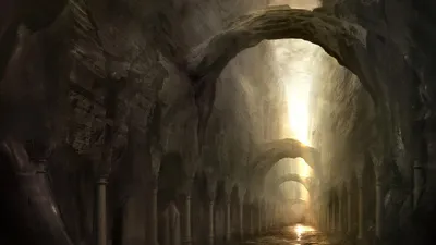 Dark Atmospheric Fantasy Landscape Fantasy Wallpaper 4K 1920x1080 A, Dark, Atmospheric, Fantasy, Landscape, Featuring, Towering, Stone, Arches, Soft, Golden, Light, White, Gray, Ultrawide, Full HD