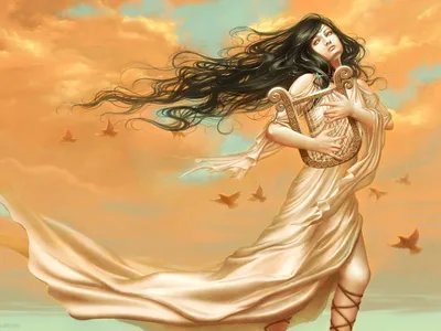 Fantasy Themed Artistic Depiction Woman Animals Wallpaper 4K 1600x1200 A, Fantasy-themed, Hd, Desktop, Wallpaper, Featuring, An, Artistic, Depiction, Woman, Holding, Lyre, Orange, Purple, Landscape