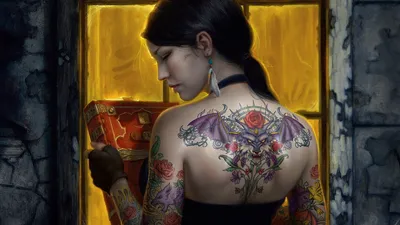 Moody Fantasy Wallpaper Fantasy Wallpaper 4K 1920x1080 A, Fantasy-themed, Tattoo, Adorns, The, Back, Of, Woman, She, Holds, Mysterious, Box, Orange, Brown, Ultrawide, Full HD