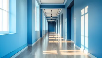 Bright Minimalist Hall Blue Walls Minimal Wallpaper 4K 4344x2472 Bright, Minimalist, Hall, With, Blue, Walls, And, Large, Windows, Casting, Sunlight, Polished, Gray, Ultrawide, 4k