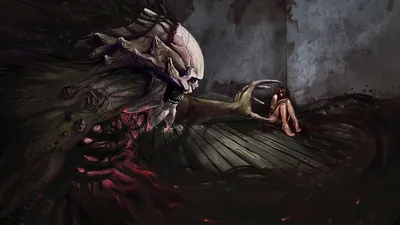 Dark Eerie Creature Skull Black/Dark Wallpaper 4K 1920x1080 Dark, Eerie, Creature, With, A, Skull-like, Face, Reaching, Toward, Cowering, Figure, Shadowy, Gray, Brown, Ultrawide, Full HD