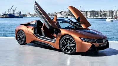 Vivid Orange Wallpaper Cars Wallpaper 4K 4096x2304 Orange, Bmw, I8, Supercar, With, Scissor, Doors, Open, Parked, Waterfront, Marina, Showcased, White, Gray, Ultrawide, 4k