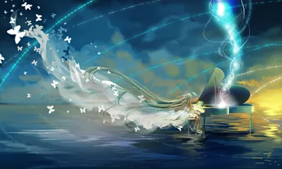 Fantasy Hatsune Miku Piano Fantasy Wallpaper 4K 2000x1200 A, Fantasy, Scene, Featuring, Hatsune, Miku, At, Piano, Surrounded, Ethereal, Butterflies, Dreamy, Gray, Ultrawide, Full HD