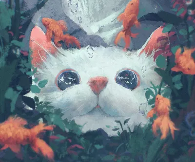 Whimsical Fantasy Illustration White Cat Animals Wallpaper 4K 4093x3411 A, Whimsical, Fantasy, Illustration, Of, White, Cat, Large, Eyes, Surrounded, Vibrant, Orange, Square, 4k