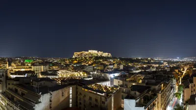 Night Panorama Athens Black/Dark Wallpaper 4K 5120x2880 Night, Panorama, Of, Athens, Greece, With, The, Illuminated, Acropolis, Over, Sprawling, City, Gray, Ultrawide, 4k