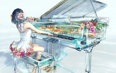 Anime Girl Short Hair Plays Animals Wallpaper 4K 1920x1200 An, Anime, Girl, With, Short, Hair, Plays, A, Flower-adorned, Translucent, Piano, Fish, White, Ultrawide, Full HD