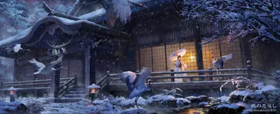 Crisp Serene Wallpaper Nature Wallpaper 4K 2659x1080 A, Serene, Winter, Scene, Featuring, Person, In, Kimono, Holding, Umbrella, Standing, House, Gray, Ultrawide, QHD