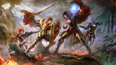 Dynamic Fantasy Battle Fantasy Wallpaper 4K 1920x1080 A, Dynamic, Fantasy, Battle, Scene, Featuring, Characters, Wielding, Magical, Weapons, Swords, Set, Gray, Ultrawide, Full HD