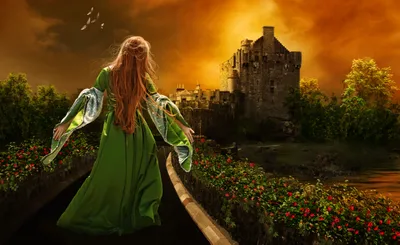 Woman Flowing Green Gown Fantasy Wallpaper 4K 2598x1588 A, Woman, In, Flowing, Green, Gown, Stands, Vibrant, Flowerbed, Gazing, Distant, Castle, Orange, Brown, Ultrawide, QHD