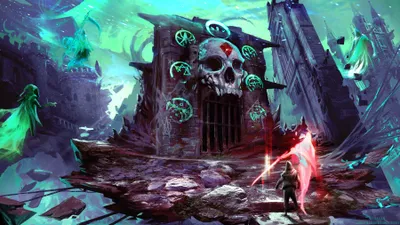 Serene Dark Wallpaper Black/Dark Wallpaper 4K 3600x2025 A, Dark, Ghostly, Warrior, Stands, Before, Massive, Skull-adorned, Gate, Surrounded, Eerie, Ruins, Yellow, Pink, Orange, Ultrawide, QHD