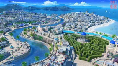 Serene Anime Wallpaper World Wallpaper 4K 2300x1294 Anime, City, Hd, Pc, Desktop, Wallpaper, Background, Vibrant, Seaside, Metropolis, White, Buildings, Red, Gray, Pink, Ultrawide, Full HD