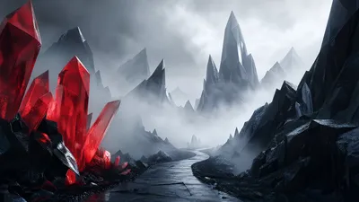 Crisp Foggy Wallpaper Nature Wallpaper 4K 3840x2160 Foggy, Mountain, Pass, With, Jagged, Peaks, And, Crimson, Crystals, Beside, Cracked, Stone, White, Ultrawide, 4k