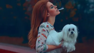 Woman Long Red Hair Holds Animals Wallpaper 4K 1920x1080 A, Woman, With, Long, Red, Hair, Holds, Small, White, *dog, While, Smoking, Gray, Ultrawide, Full HD