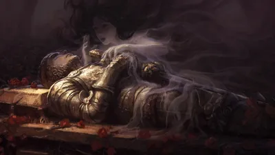 Fantasy Themed Knight Lying Stone Fantasy Wallpaper 4K 1920x1080 A, Fantasy-themed, Hd, Desktop, Wallpaper, Featuring, Knight, Lying, Stone, Slab, Shrouded, Mist, Brown, Gray, Ultrawide, Full HD