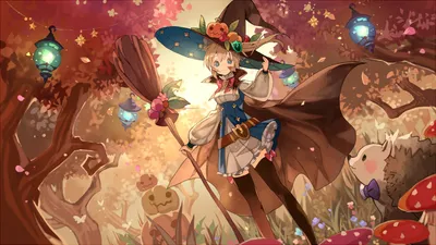 Dreamy Whimsical Wallpaper Nature Wallpaper 4K 2400x1348 A, Whimsical, Anime, Witch, Stands, In, Magical, Forest, Adorned, Pumpkins, Colorful, Lanterns, White, Gray, Orange, Ultrawide, Full HD