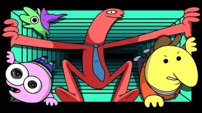 Smiling Friends Characters Abstract Wallpaper 4K 3840x2160 Smiling, Friends, Characters, Strike, An, Energetic, Pose, Against, Retro, Teal-striped, Backdrop, Colorful, Pink, Red, Ultrawide, 4k