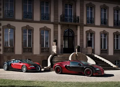 Moody Pair Wallpaper Cars Wallpaper 4K 4096x2958 A, Pair, Of, Black, And, Red, Bugatti, Veyron, Supercars, Parked, Front, Grand, Gray, Landscape, 4k