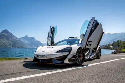 White Mclaren 570s Supercar Cars Wallpaper 4K 2500x1675 White, Mclaren, 570s, Supercar, With, Butterfly, Doors, Open, Parked, Lakeside, Road, Mountains, Gray, Landscape, Full HD