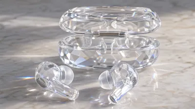 Radiant Crystal Wallpaper Abstract Wallpaper 4K 3840x2160 Crystal-clear, Glass, Earbuds, And, Matching, Transparent, Charging, Case, Marble, Surface, Ultra, Desktop, Gray, Ultrawide, 4k