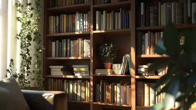 Crisp Cozy Wallpaper Abstract Wallpaper 4K 2912x1632 A, Cozy, Bookshelf, Filled, With, Books, Illuminated, By, Soft, Sunlight, Features, Small, Pink, Brown, Orange, Ultrawide, QHD