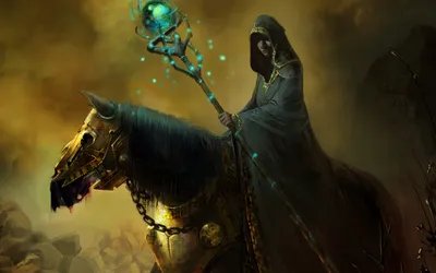 Powerful Sorcerer Rides Majestic Animals Wallpaper 4K 1680x1050 A, Powerful, Sorcerer, Rides, Majestic, Horse, Wielding, Glowing, Staff, Amidst, Hazy, Fantasy, Gray, Brown, Ultrawide
